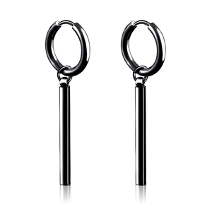 Close-up of black polished stainless steel hoop earrings with cylindrical pendant drops