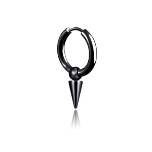 Detailed view of a sleek black stainless steel hoop earring with a sharp spike pendant