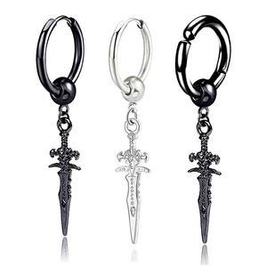 Pendientes Colgantes de Espada Daga Vintage Punk Gótico para Hombre de Acero Inoxidable Hip Hop Pendientes de Aro con Cruz Tallada