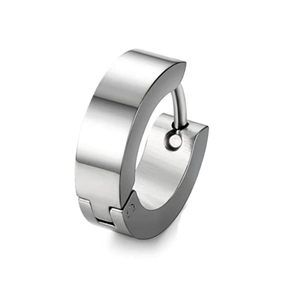 Detailed close-up of the silver stainless steel hoop earring with hinged closure mechanism