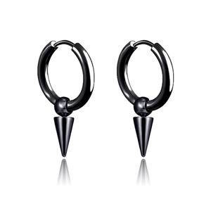 Detailed view of black punk style stainless steel hoop earrings with spiked cone pendants