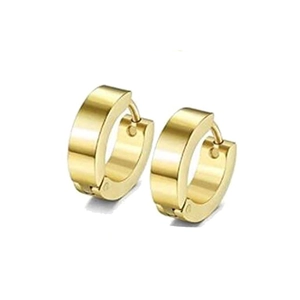 Close-up of polished gold-plated huggie hoop earrings with a secure hinged closure