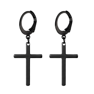 Mens black stainless steel cross drop earrings with hoop closure in punk style