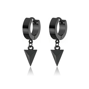 Detail of black stainless steel drop earrings featuring polished triangular cone pendants