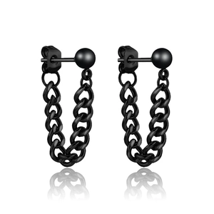 Close-up of black punk chain loop earrings for men in matte stainless steel finish
