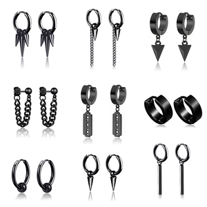 Men Black Punk Stud Earrings Stainless Steel Hoop Dangle Earring Blade Triangle Spike Chain Gothic Hip Hop Jewelry