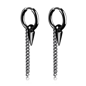 Men black punk earrings set with stainless steel cone charms and thin cuban link chain
