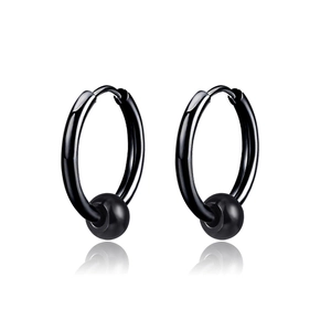 Black stainless steel hoop earrings with bead pendants for men, symmetrical pair view