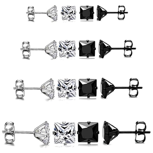 Lot de boucles d'oreilles carrées en zircone de quatre tailles avec griffes en acier