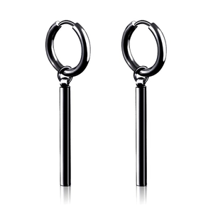 Pendientes de aro negros en acero inoxidable con colgante de barra para hombre