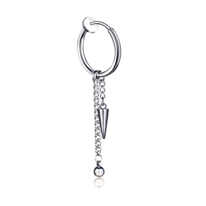 Boucle d'oreille clip en acier inoxydable argenté avec chaîne et pendentif cône
