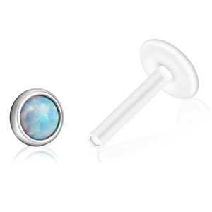 Piercing labret από bioflex με επίπεδη βάση και μπλε-πράσινο οπάλιο πέτρα