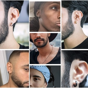 Mehrere Ansichten von Unisex-Edelstahl-Creolen in Silber, Gold und Schwarz
