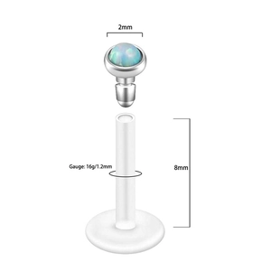 Λεπτομέρεια για το σκουλαρίκι labret 16G με όπαλο 2mm και εύκαμπτο στέλεχος βιοπλαστικού