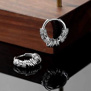 Vintage stainless steel hoop earrings with woven texture and small dangling rings