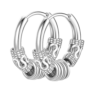 Vintage silver hoop earrings for men with retro patterns and four movable metal rings