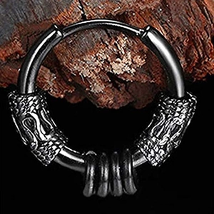 Retro black stainless steel hoop earring with carved dragon pattern and three small rings