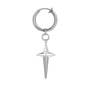 Mens silver stainless steel hoop earring with a polished star cross pendant on white back