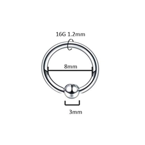 Technical drawing of 16G 1.2mm stainless steel captive bead ring with 8mm inner diameter