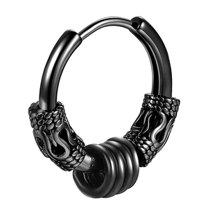 Detailed close-up of a black stainless steel hoop earring with engraved textures and three rings