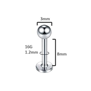 Detailed specs for 16G silver stainless steel labret stud with 3mm ball and 8mm length