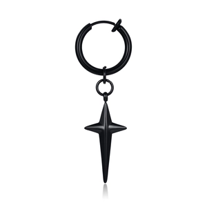 Men's black stainless steel clip-on earring featuring a sleek cross pendant and hoop design