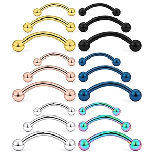 Set de 18 piercings barbelés courbés en six couleurs en acier inoxydable poli brillant