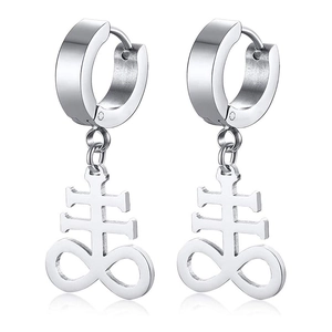 Macro shot of polished stainless steel Leviathan Cross charms on silver hoop earrings