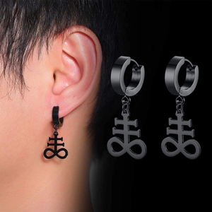 Gothic black Leviathan Cross hoop earrings for men in a matte stainless steel finish