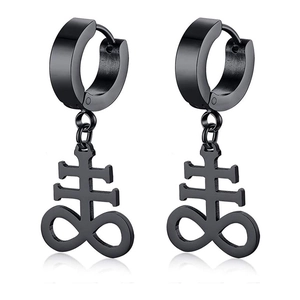 Macro detail of black stainless steel Leviathan Cross charms on hoop earrings