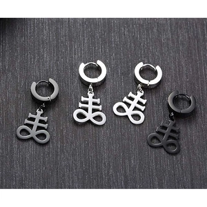 Black and silver stainless steel hoop earrings with Leviathan Cross charms for men