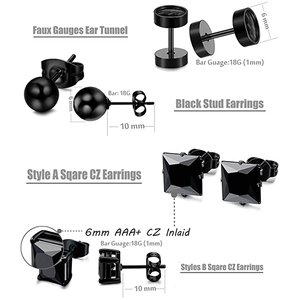 Black stainless steel stud earring set with 18G pins and AAA+ cubic zirconia stones