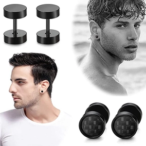 Men's black stainless steel stud earrings with minimalist barbell and textured round designs