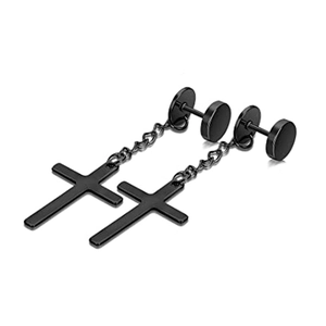 Detailansicht der schwarzen Kreuz-Ohrhänger mit Schraubverschluss und Punk-Kette