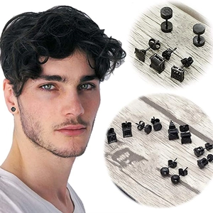 Set of ten black stainless steel stud earrings for men featuring matte and cubic zirconia styles