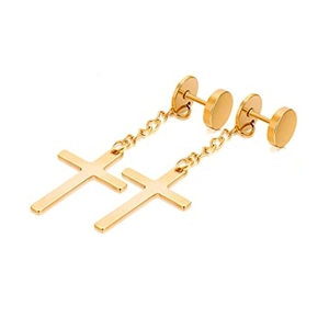 Poliertes Gold Kreuz Ohrringe mit Reif und Kette im Detail in hochwertiger Makroansicht
