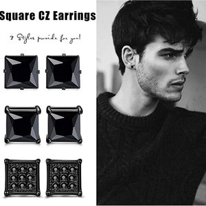 Set of 3 pairs of black square cubic zirconia stud earrings for men with black plating