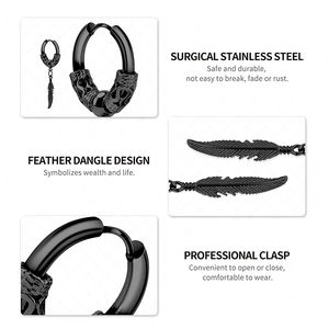 Detail view of surgical stainless steel hoop earring with black leaf feather dangle
