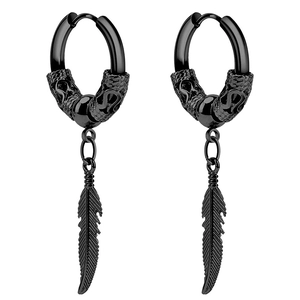Fashionable black matte stainless steel feather drop earrings with engraved tribal patterns