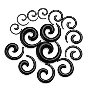 Set of six black acrylic spiral ear tapers in various sizes on a white background