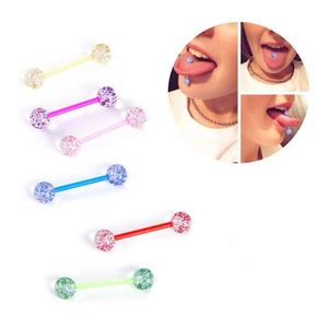 Lot de six piercings de langue en acrylique pailleté aux couleurs vives sur fond blanc