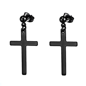 Detail view of black matte cross pendant earrings with round stud and butterfly back