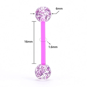 Piercing de langue en acrylique rose avec boules pailletées mauves, 1,6mm x 16mm