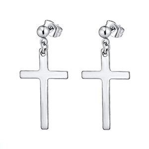 Polished silver stainless steel cross pendant earrings set on a white background