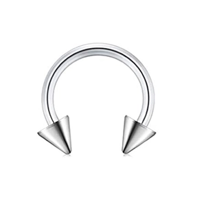 Silver stainless steel circular barbell piercing with cone spikes set on white background