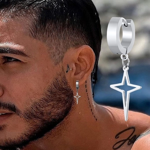 Men's Personalized Metal Hoop Earrings With Hollow Cross Star Pendant Punk Style Gold Silver Black Earrings Jewelry