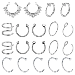 Stainless Steel Nose Ring Set Zirconia Ear Cuff Fake Piercing Septum Ring Jewelry For Women Men Punk Style Silver Color