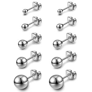 Lot de cinq paires de boucles d'oreilles boules en acier inoxydable argenté de tailles variées