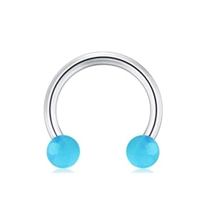 Silver steel horseshoe circular barbell with glowing blue beads for nose and ear piercing