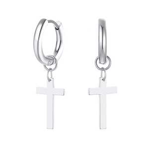 Polished silver cross pendant hoop earrings for men and women in punk style